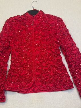 La Femme Red Sequin Ruched Blazer Jacket